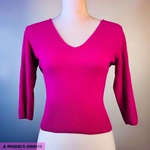 ESPRIT DE CORP HOT PINK RIBBED WOVEN V NECK SWEATER BLOUSE - WOMENS SMALL